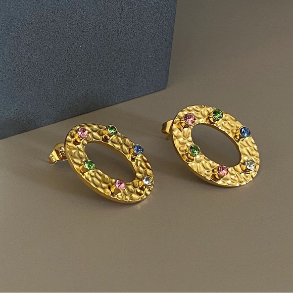 18K Gold Plated Textured Circle Earrings*Multi Color Zircon Earrings*Colorful - Picture 7 of 7
